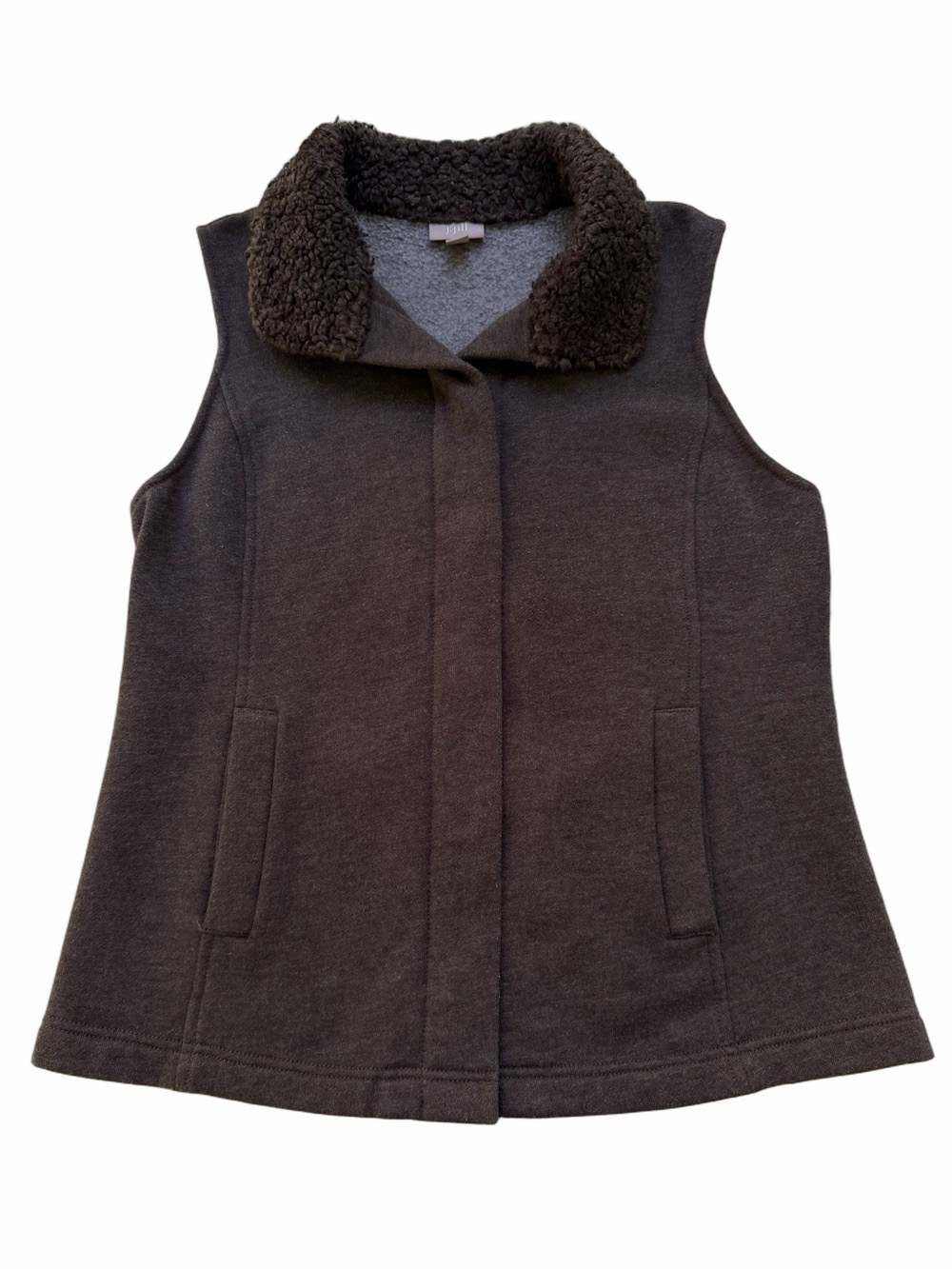 J Jill Dark Brown Fleece Vest with Faux Shearling Collar Size Small